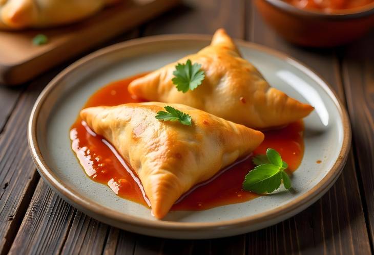 Rustic Samosas with Dipping Sauce and Tomato Garnish